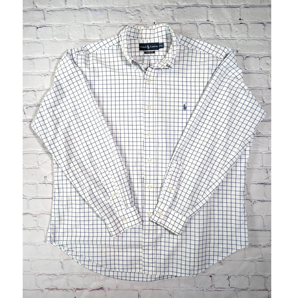 Polo Ralph Lauren Button Down Shirt Mens XL Cotton White Blue Tattersall Check